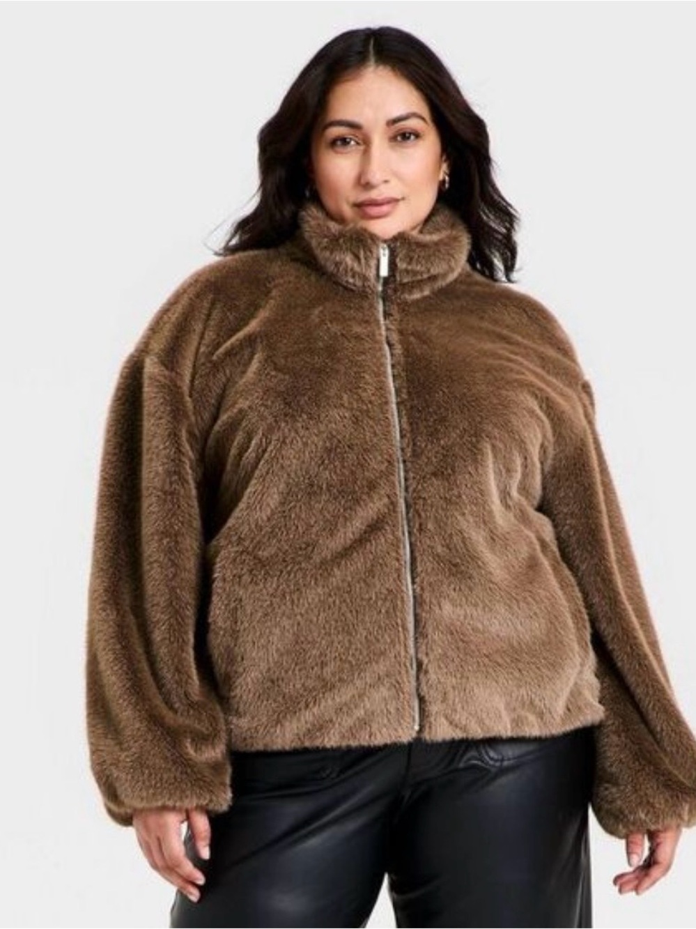 A New Day Brown Faux Fur Zip Up Jacket Teddy Coat